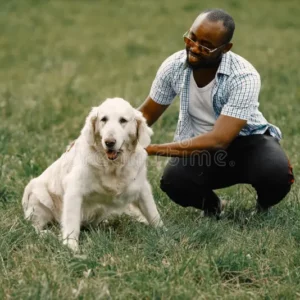 A man kneeling down in the grass with his dog.